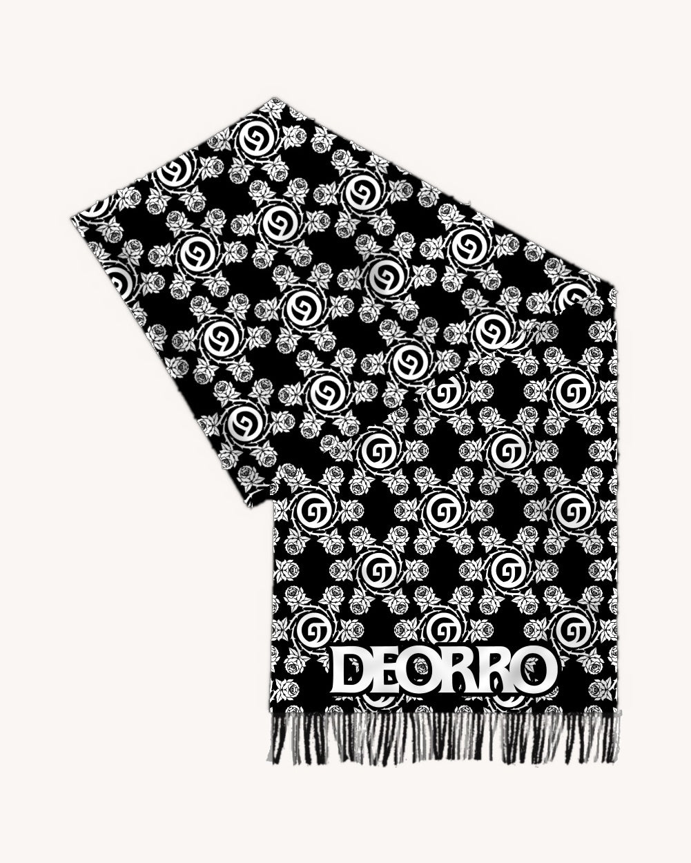 Deorro x iHR Pashmina folded - black and white rose and DEORRO logo print with fringe