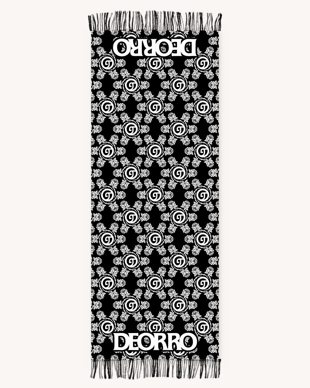 Deorro x iHR Pashmina full flat lay - black and white rose print with DEORRO at both ends