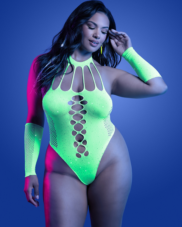 Neon Pulse Rhinestone Bodysuit with Sleeves - Image 3