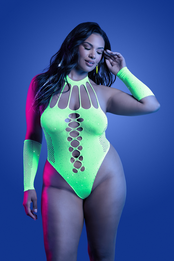 Neon Pulse Rhinestone Bodysuit with Sleeves - Image 35104154091703
