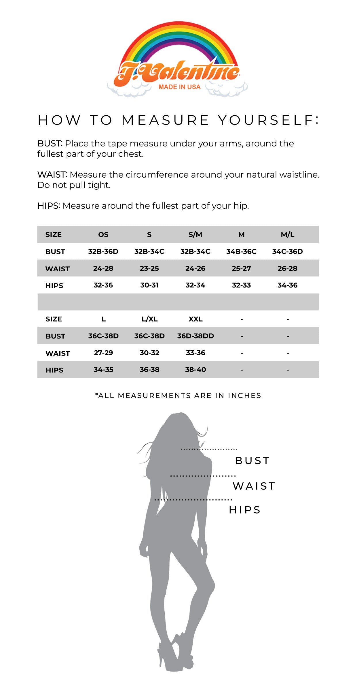 J. Valentine Size Chart - Tops, Bottoms, Bodysuits - S/M Sizing