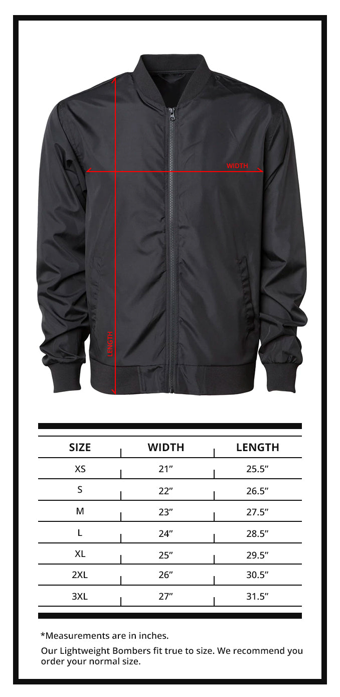 Lightweight Bomber Jackets Size Chart