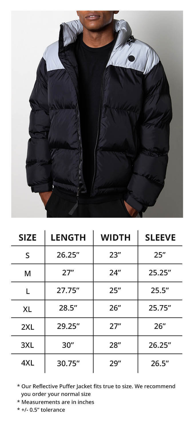 Reflective Puffer Jacket Size Chart