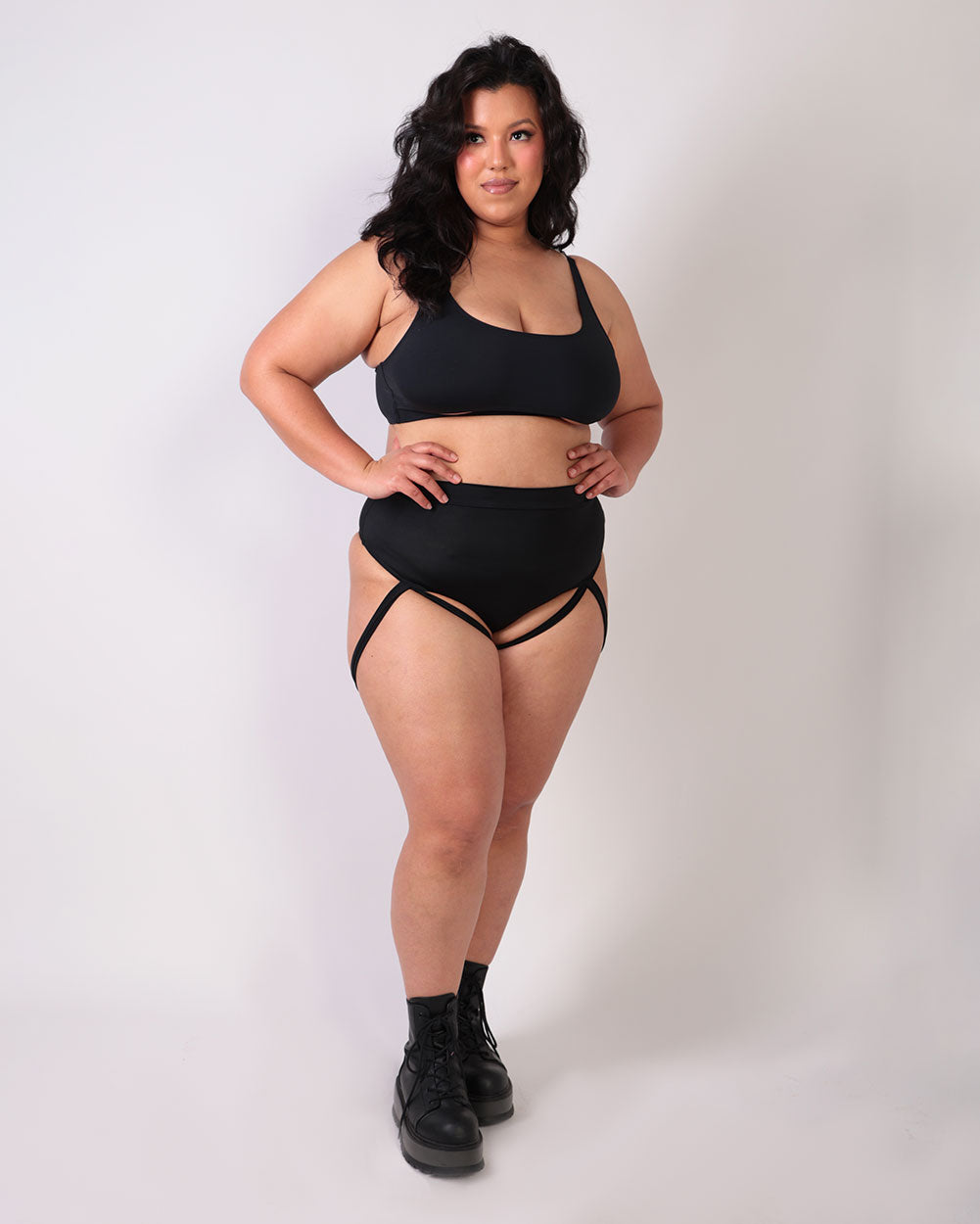 Badd Girl High Waisted Harness Booty Shorts 2.0-Black-Curve1-Full 2--Silvia---1X