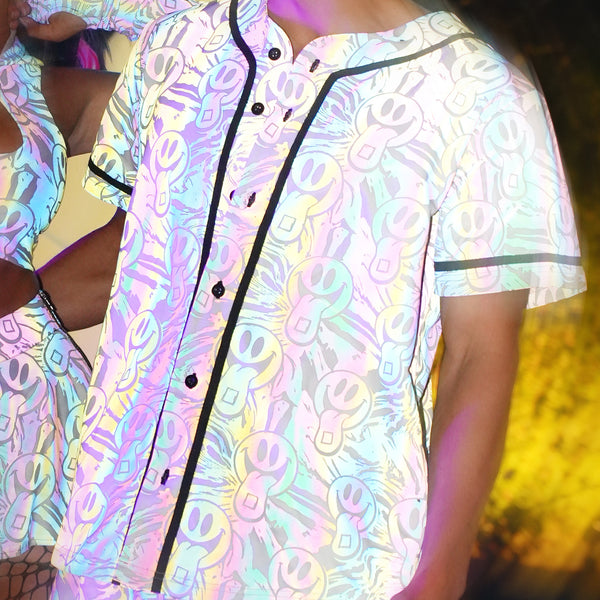 White reflective baseball jersey for men's rave outfits