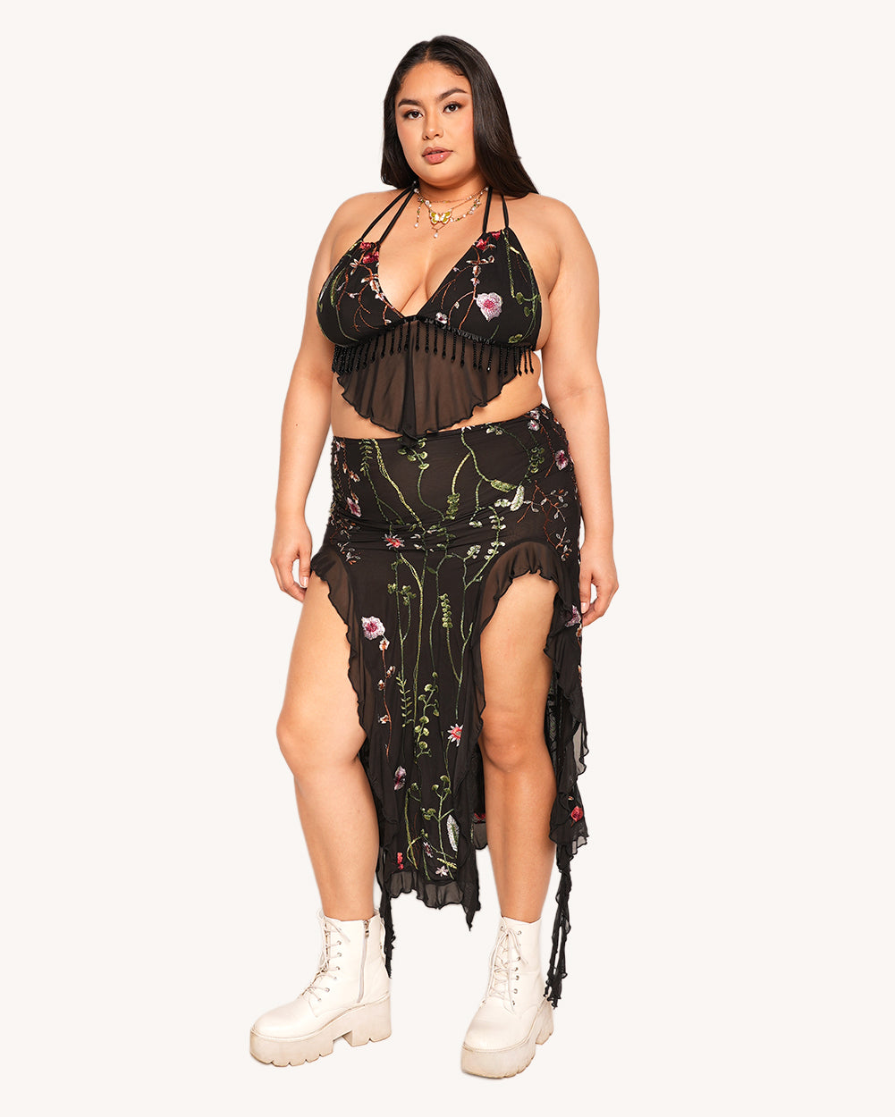 Lace Flowerfields Stretch Beaded Halter Top - Image 34866176098487