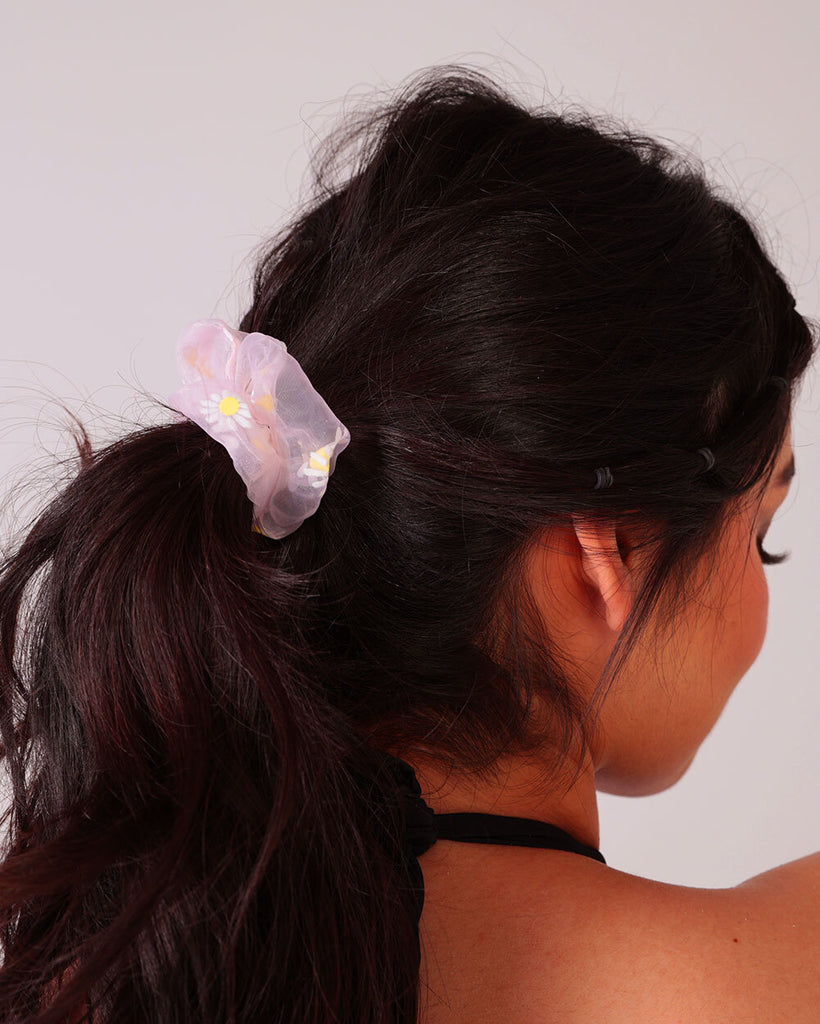 Celestial Calling Floral Pair Scrunchies-Pink-Front--Model---S