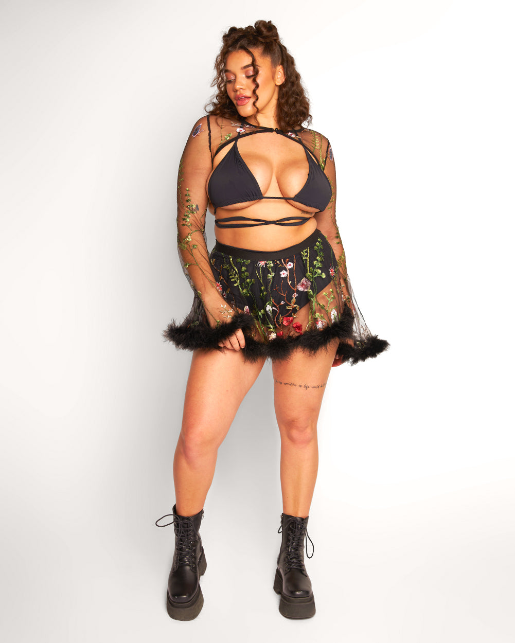 Lace Flowerfields Marabou Mini Skirt-Black-Curve1-Full--Makayla3---1X