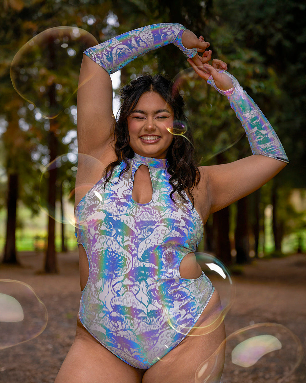 Secret of Life Mushroom White Reflective Bodysuit with Sleeves - Image 32580638343351