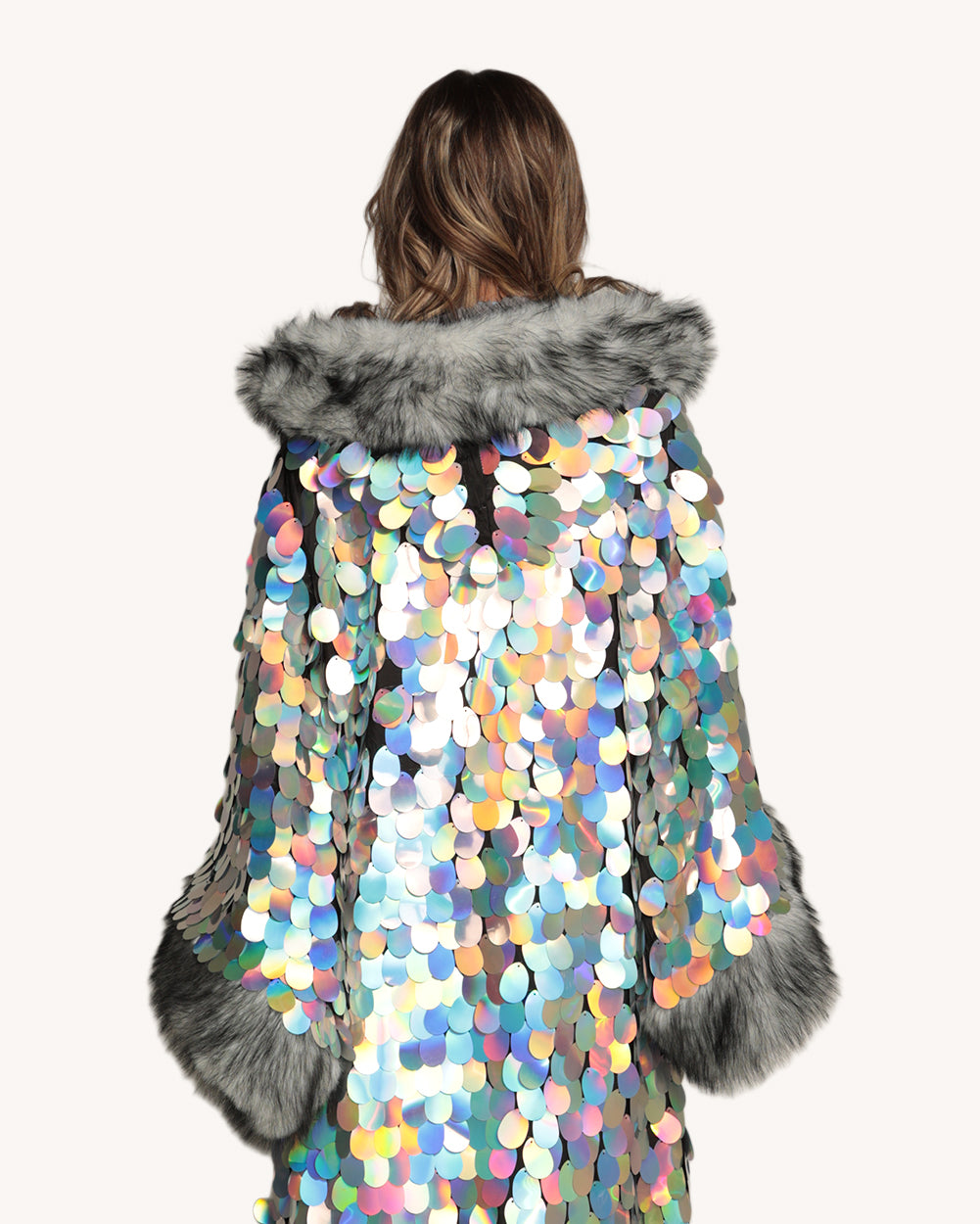 Silver Moon Sequin Duster with Faux Fur - Image 1