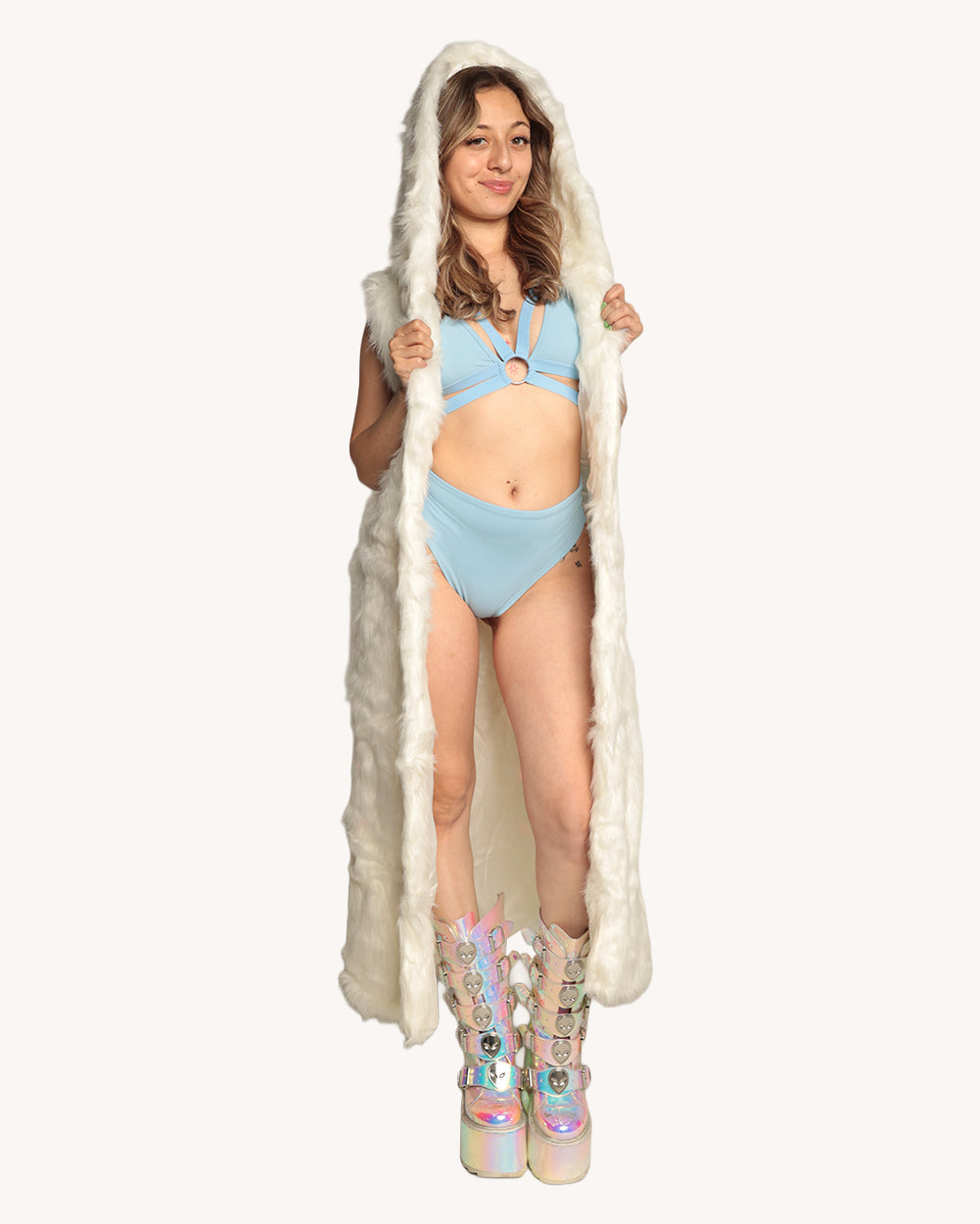 Rainbow Bright LED Faux Fur Long Jacket with Hood - Image 1