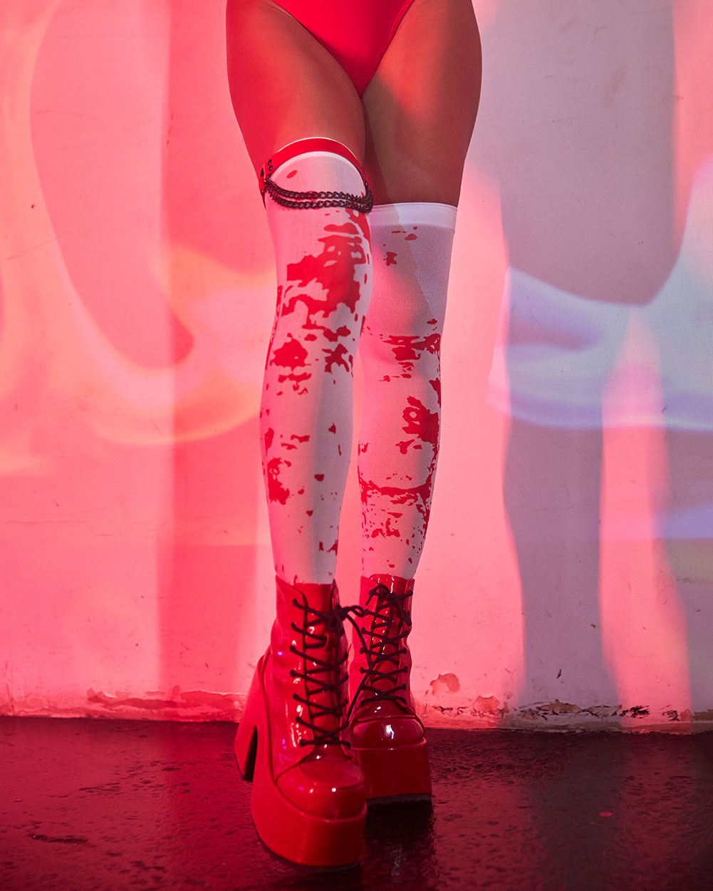 Bloody Mary Thigh High Socks-Red/White-Lifestyle