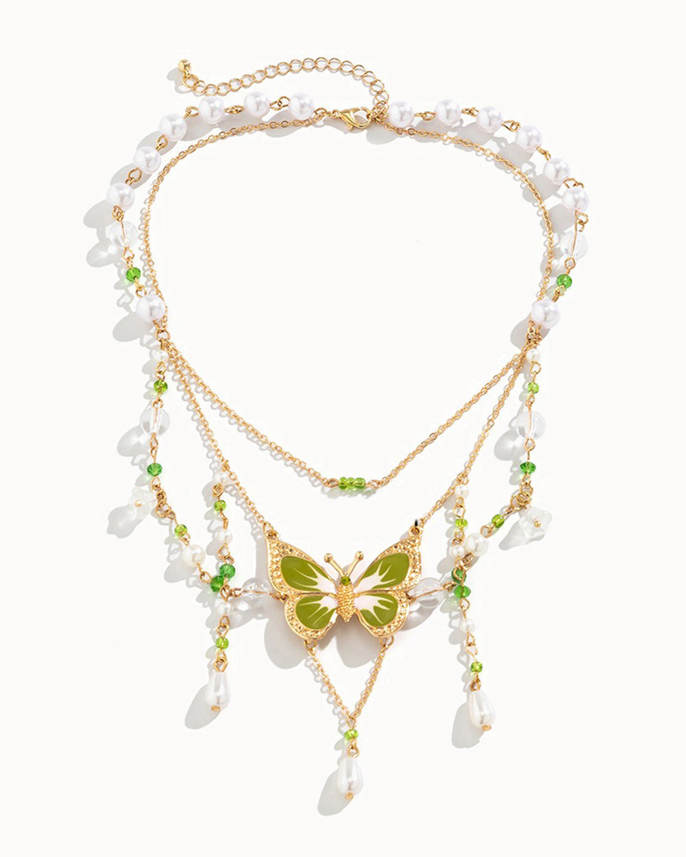 Butterfly Landing Necklace-Green-Regular-Front--Model---S