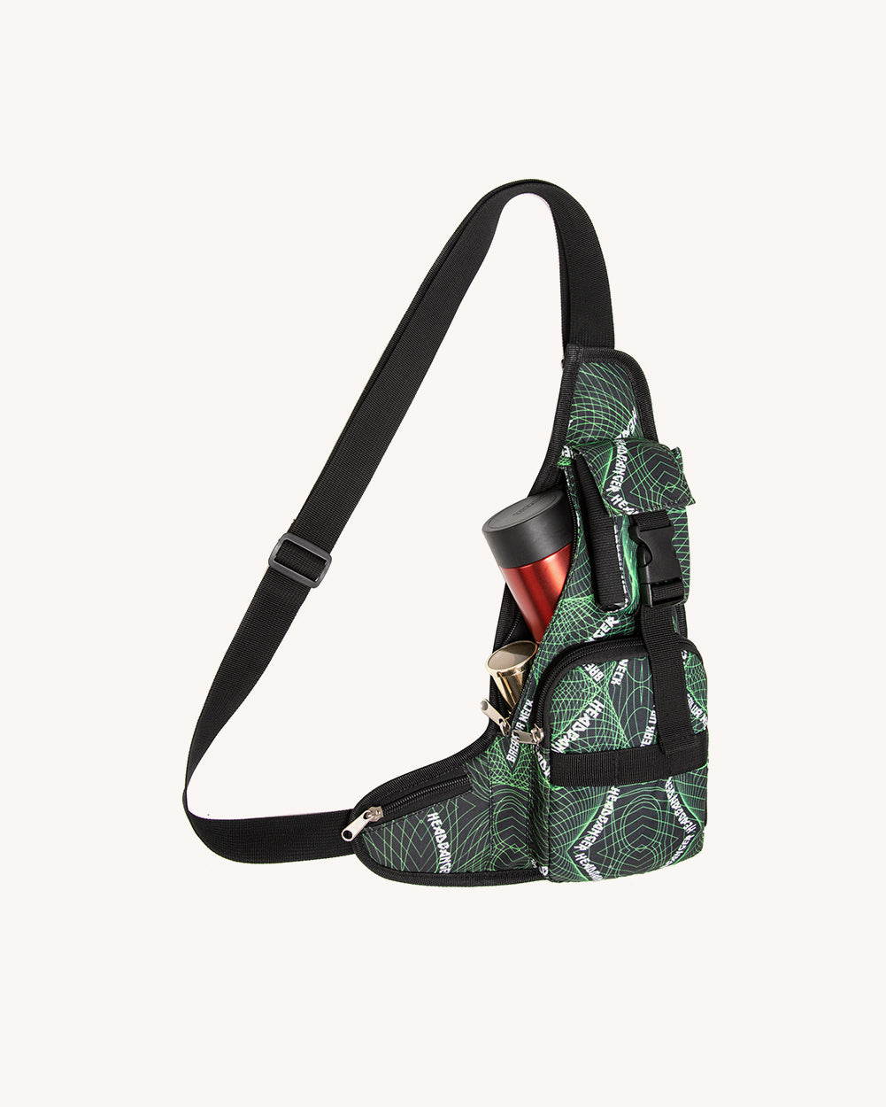 Break Ya Neck Headbanger Shoulder Pack with Anti-Theft Back Pocket-Black/Green/White-Curve1-Mock--Nicole---1X