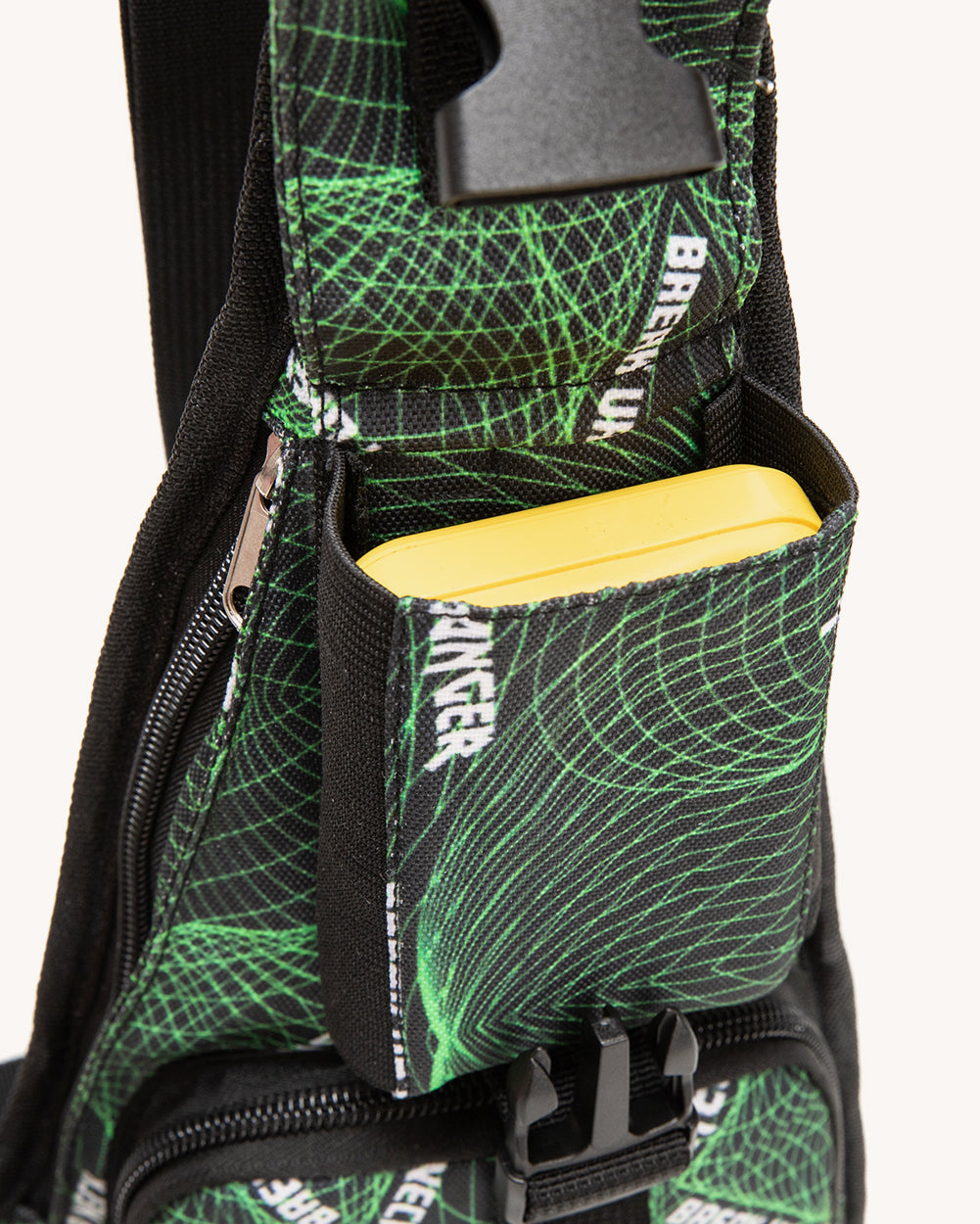 Break Ya Neck Headbanger Shoulder Pack with Anti-Theft Back Pocket-Black/Green/White-Curve1-Detail--Nicole---1X