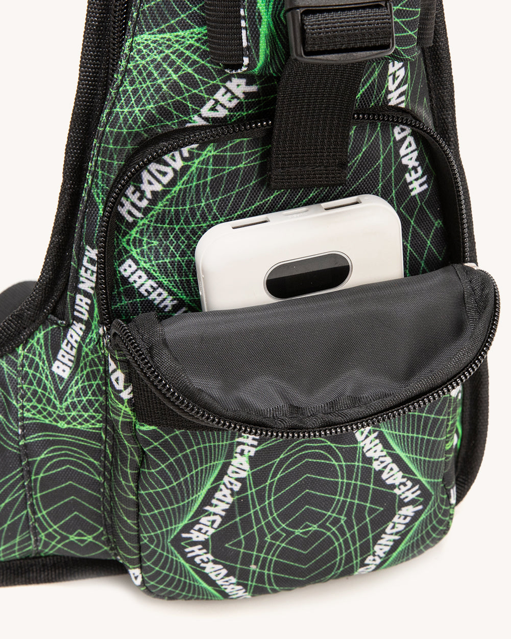 Break Ya Neck Headbanger Shoulder Pack with Anti-Theft Back Pocket-Black/Green/White-Curve1-Detail2--Nicole---1X