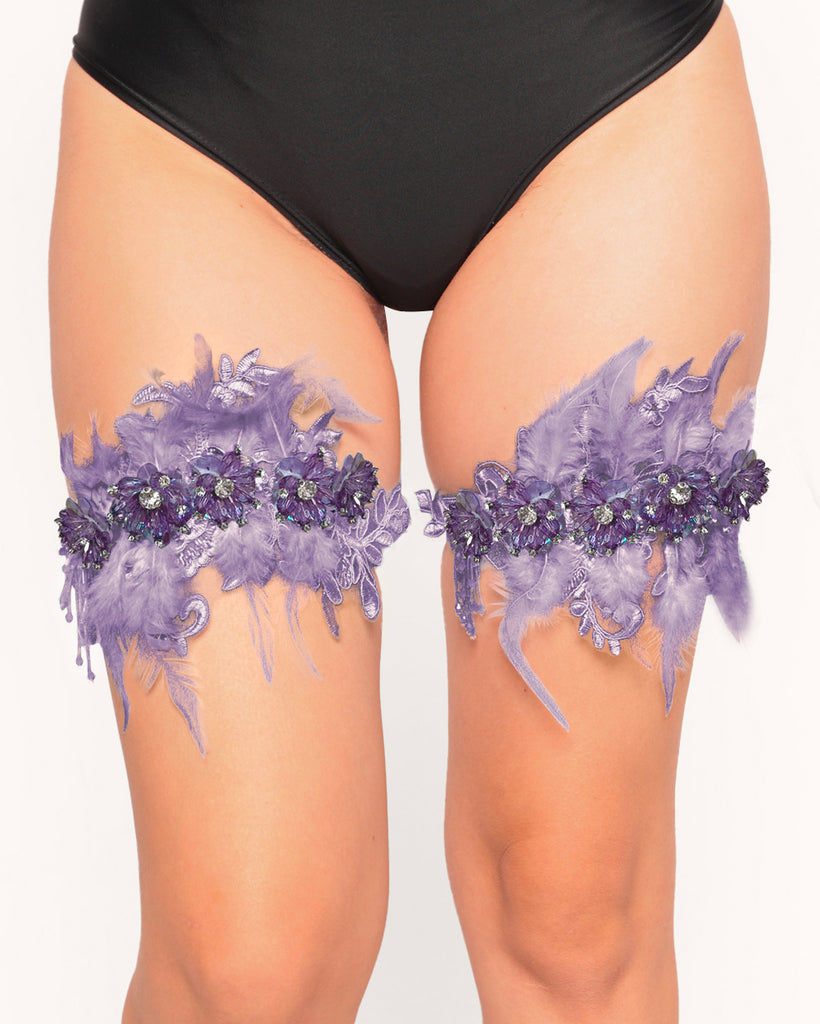 Feathery Flight Feather Sequin Pair Leg Garters-Lavender-Regular-Front--Model---S