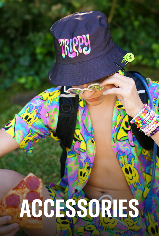Person wearing a colorful jacket and 'Trippy' bucket hat, holding pizza, with accessories text overlay.