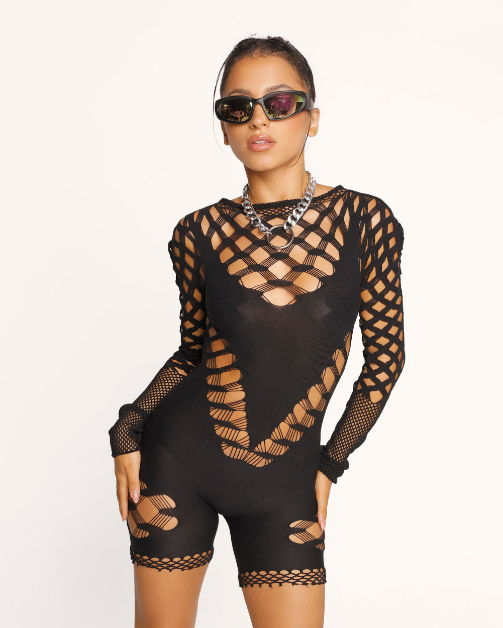 Afterparty Attire Fishnet Romper-Black-Regular-Front--Chloe---S