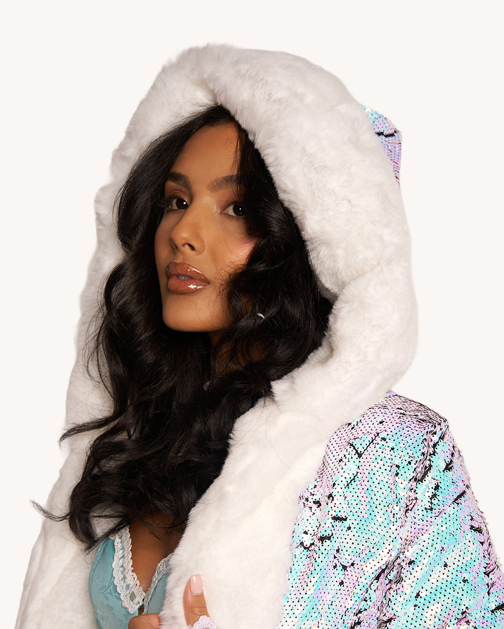 Arctic Allure Faux Fur Sequin Coat - Image 4