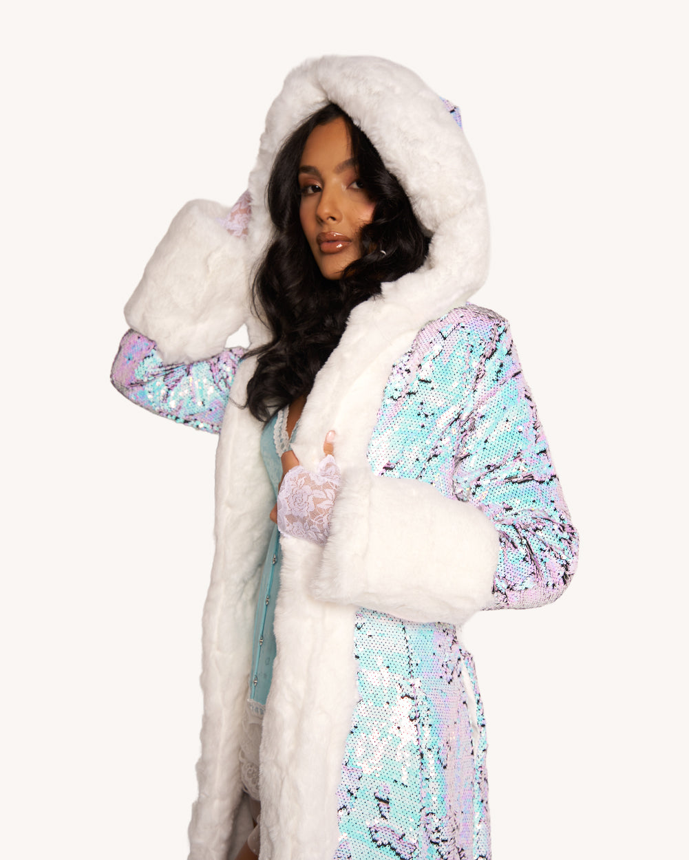 Arctic Allure Faux Fur Sequin Coat - Image 34809138938039