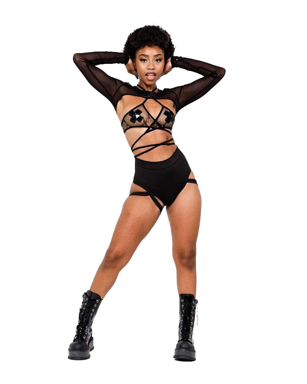 Badd Girl High Waisted Harness Booty Shorts-Black-Lifestyle