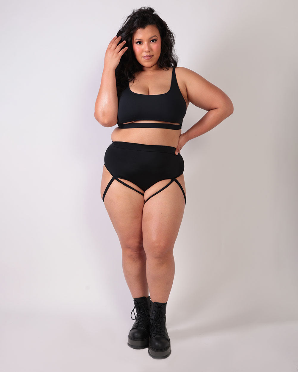Badd Girl High Waisted Harness Booty Shorts 2.0-Black-Curve1-Full--Silvia---1X