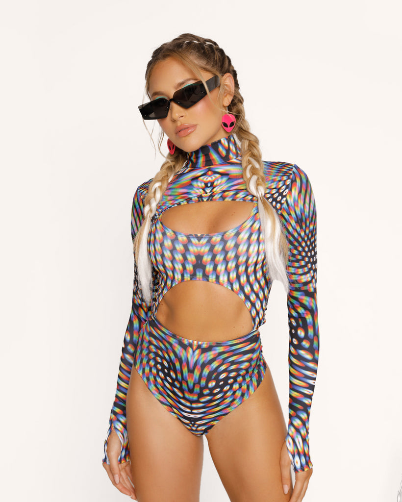 Badinka Pulsar Shrug Two Piece Bodysuit-Black/Rainbow-Regular-Front--Liberty---S