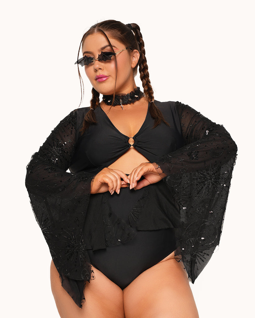 Cast A Spell Bell Sleeve Bodysuit-Black/White-Back-Curve1--Milan---1X