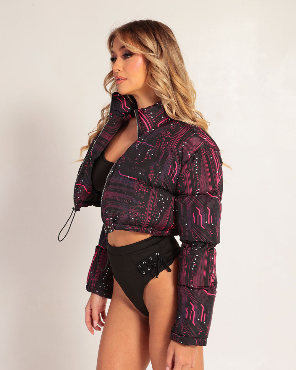 Circuit Board Cropped Puffer Jacket-Black/Neon Pink-Side--Morgan---S