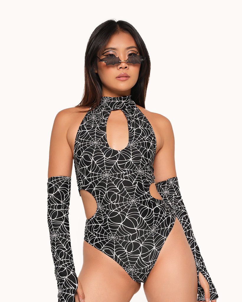 Contortionist Reflective Spider Web Bodysuit with Gloves-Black/Grey-Regular-Front--Valerie---S