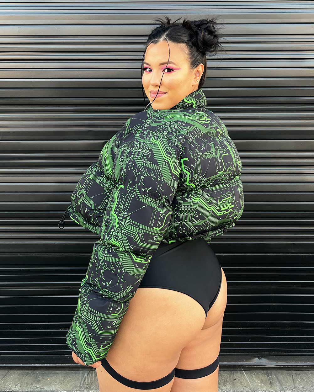 Cyber Matrix Cropped Puffer Jacket-Curve1-Black/Green-Back--Silvia---2XL