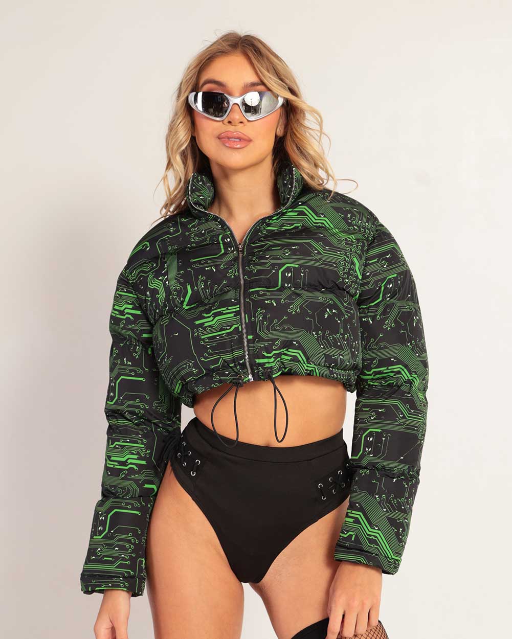 Cyber Matrix Cropped Puffer Jacket-Black/Green-Front2--Morgan---S