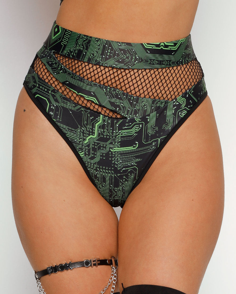 Cyber Matrix Fishnet Bottoms-Black/Neon Green-Regular-Front--Sarah2---S