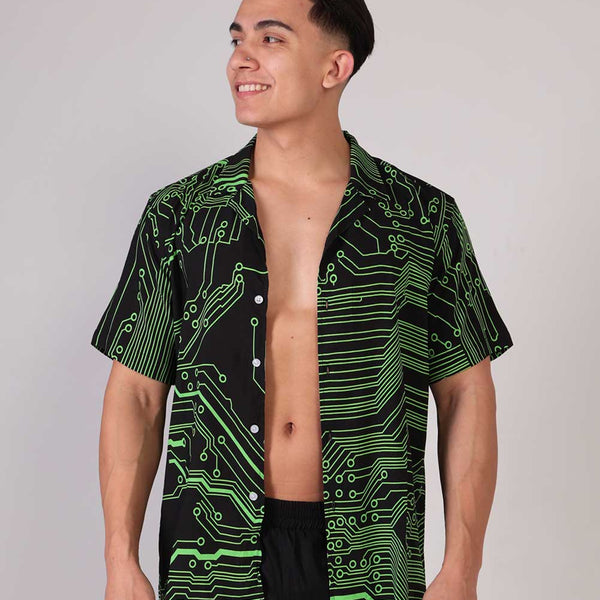 Cyber matrix digital print camp shirt for men
