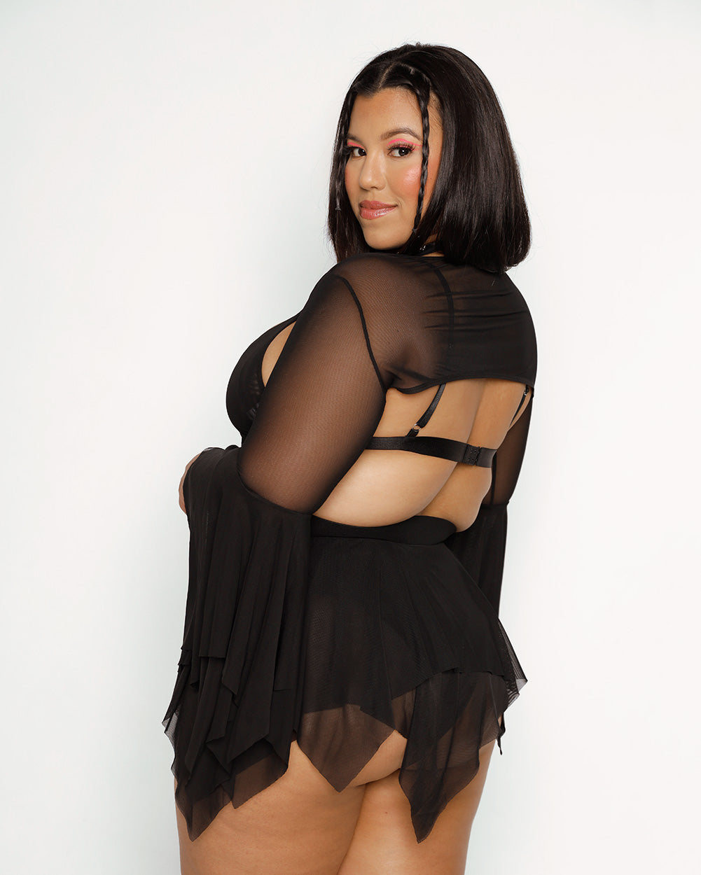 Dark Arts Mesh Bell Sleeve Ultra Crop Top-Black-Curve1-Back--Silvia---1X