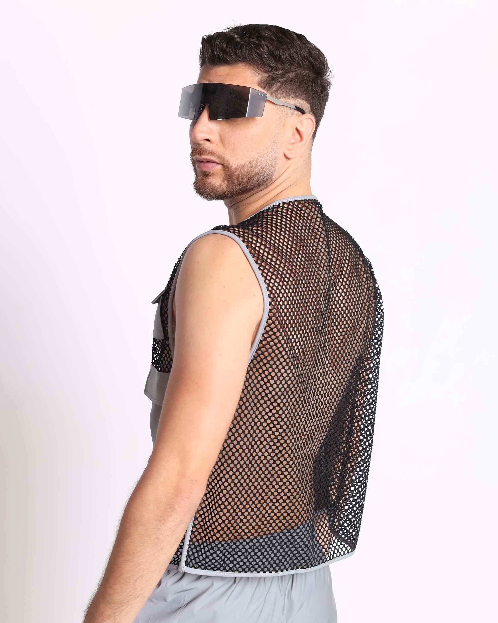 Delaying Tactic Reflective Fishnet Vest-Black/Grey-Back--Jose---S