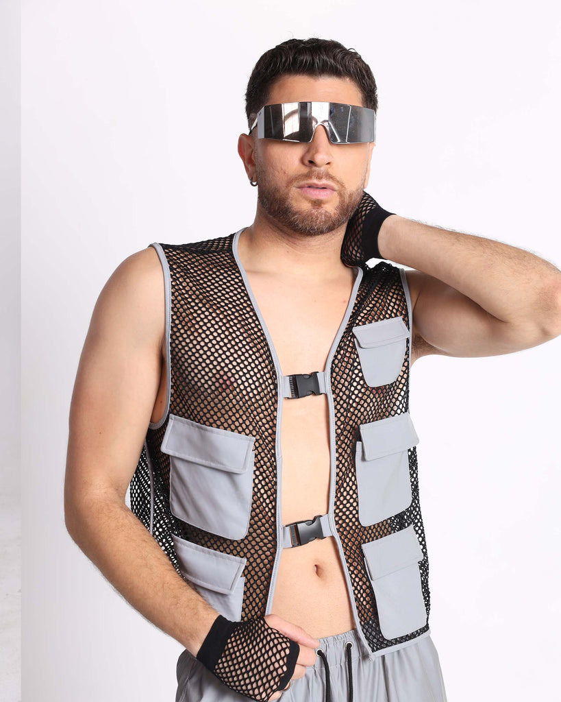 Delaying Tactic Reflective Fishnet Vest-Black/Grey-Front--Jose---S