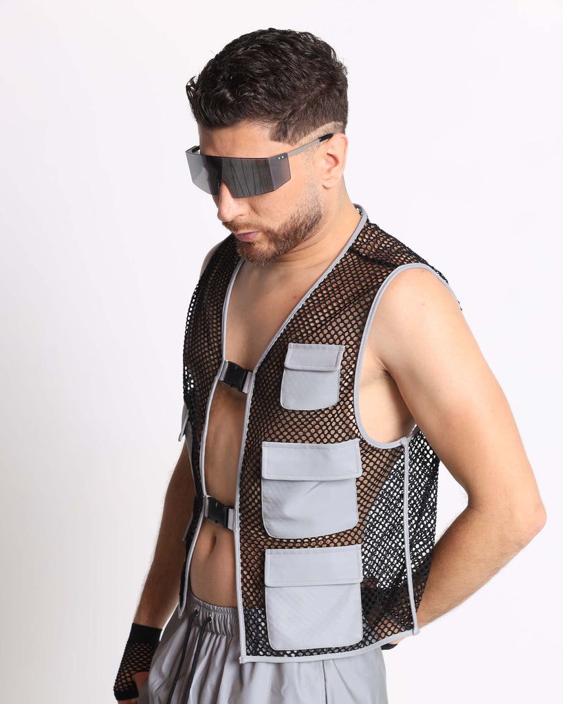 Delaying Tactic Reflective Fishnet Vest-Black/Grey-Side--Jose---S