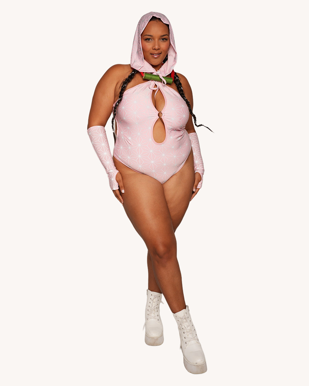 Demon Girl Pink Silver Reflective Bodysuit with Sleeves and Hood Set - Image 3