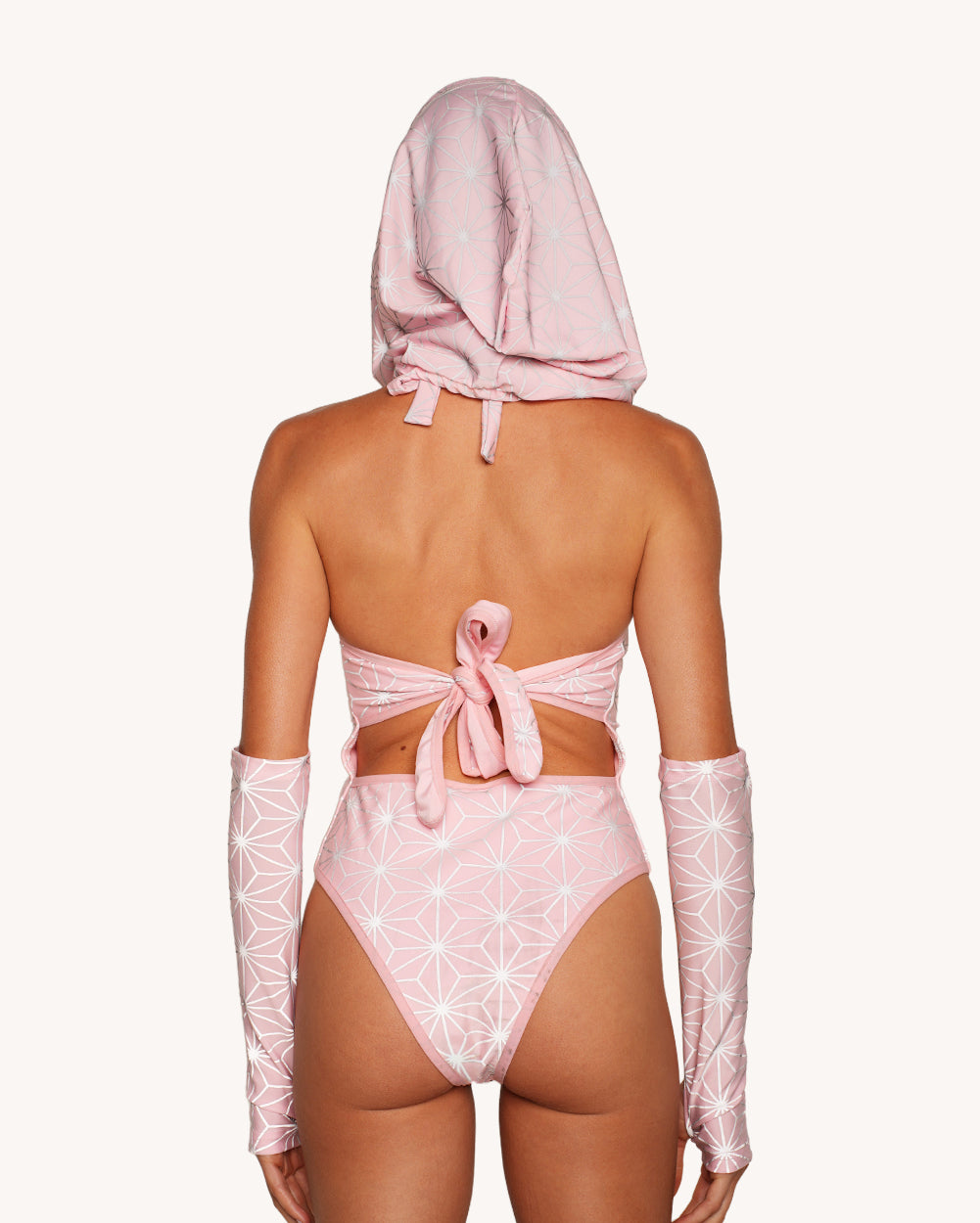 Demon Girl Pink Silver Reflective Bodysuit with Sleeves and Hood Set - Image 1