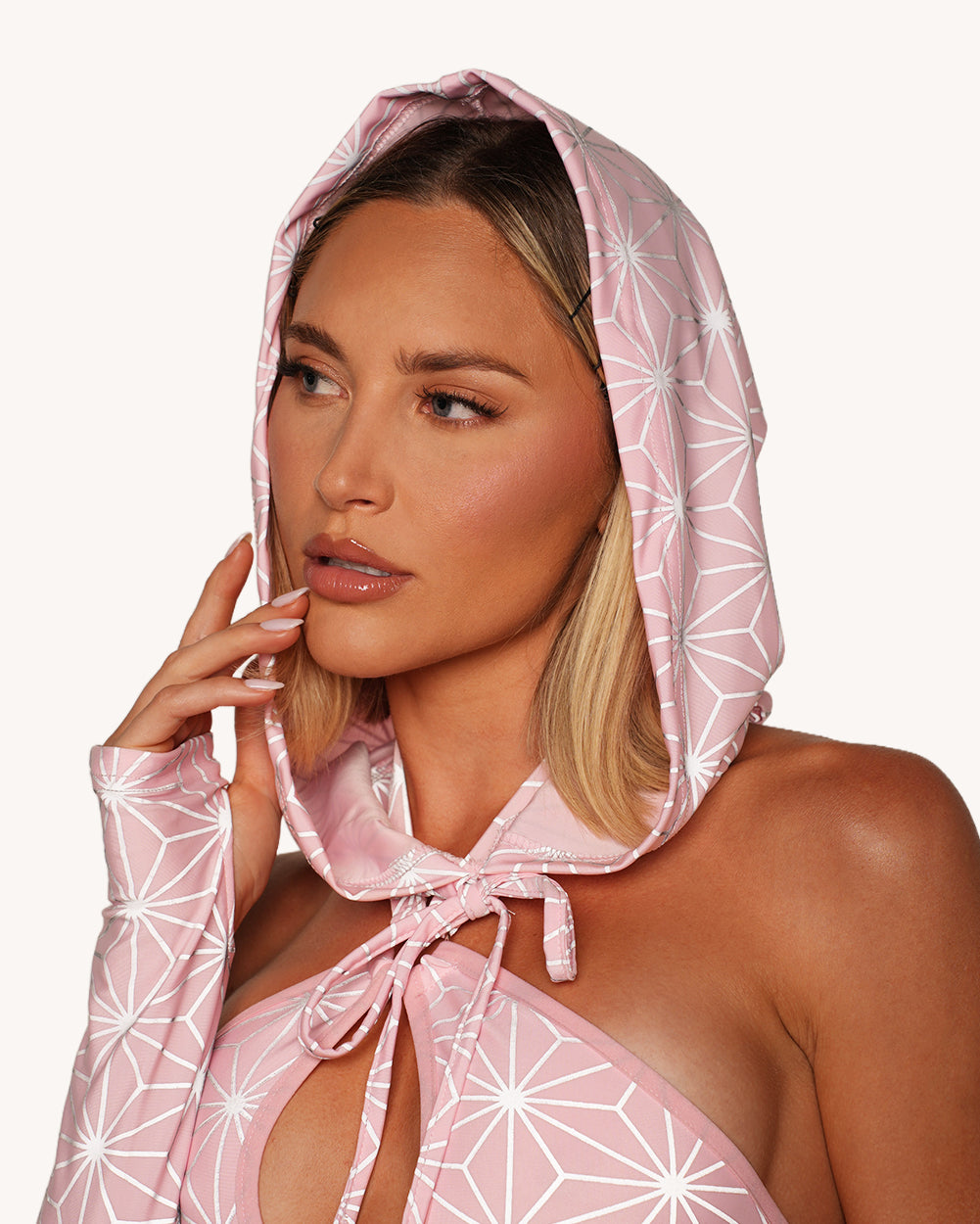 Demon Girl Pink Silver Reflective Bodysuit with Sleeves and Hood Set - Image 6