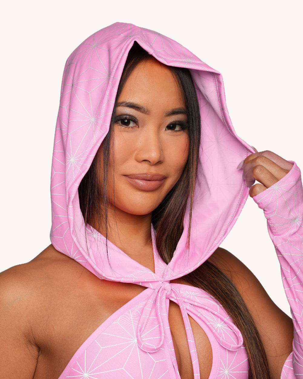 Demon Girl Pink Silver Reflective Bodysuit with Sleeves and Hood Set - Image 2