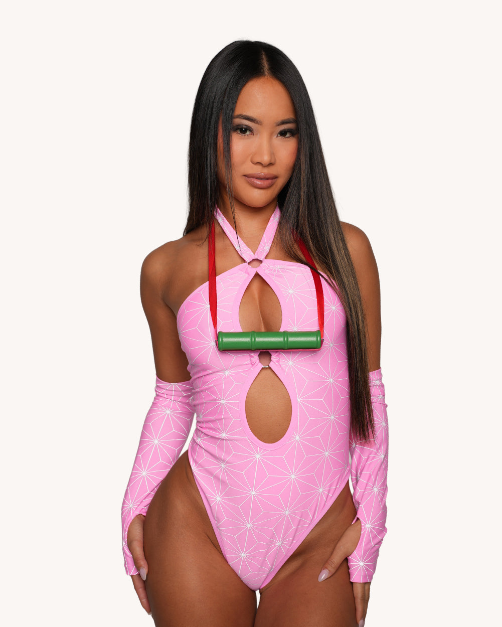 Demon Girl Pink Silver Reflective Bodysuit with Sleeves and Hood Set - Image 1