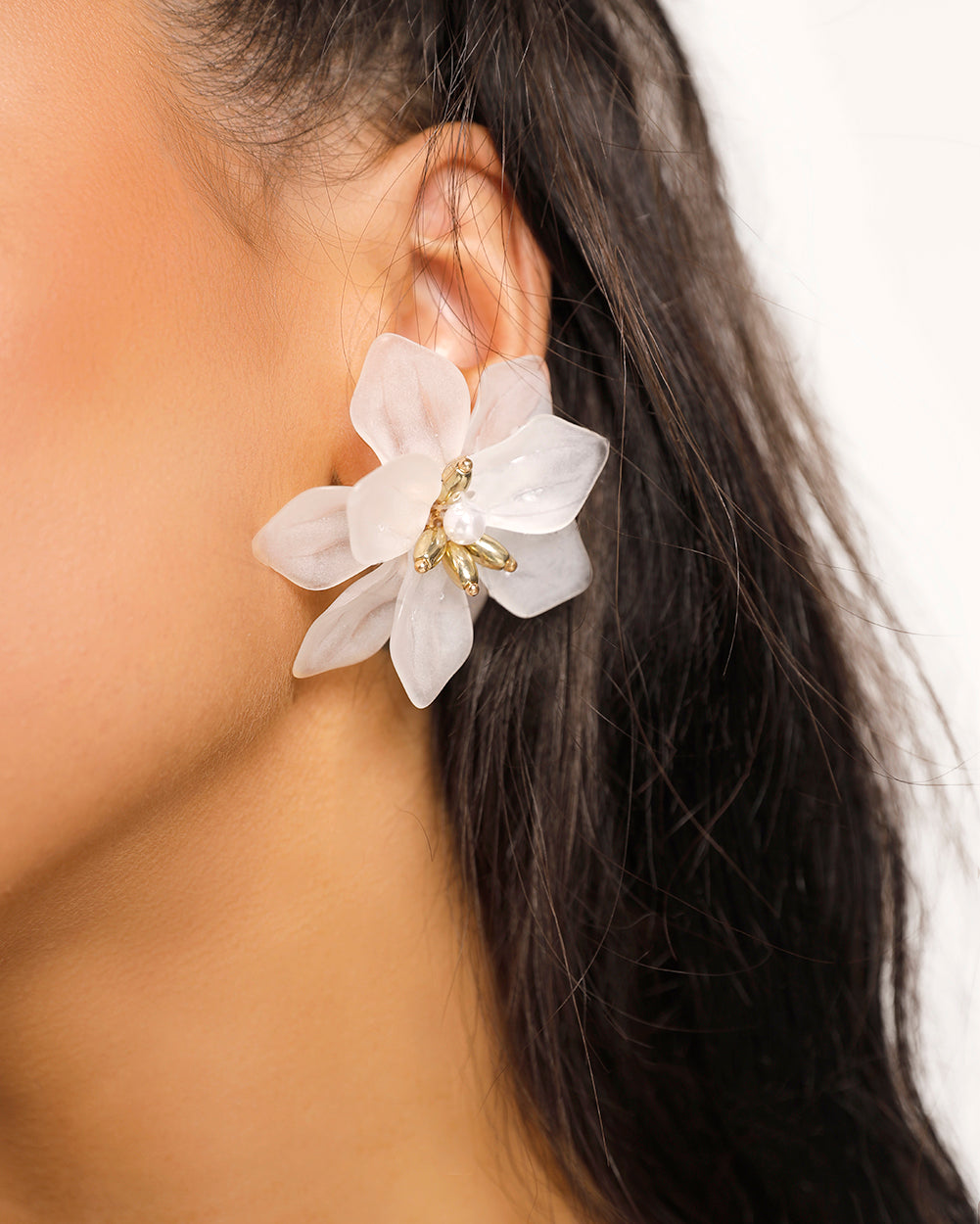 Dewdrop Dreams Flower Earrings-White-Regular-Front--Model---S