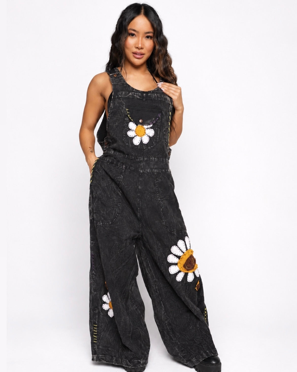 Sunflower State of Mind Overalls - Dark Grey Wash - Image 35573400371383
