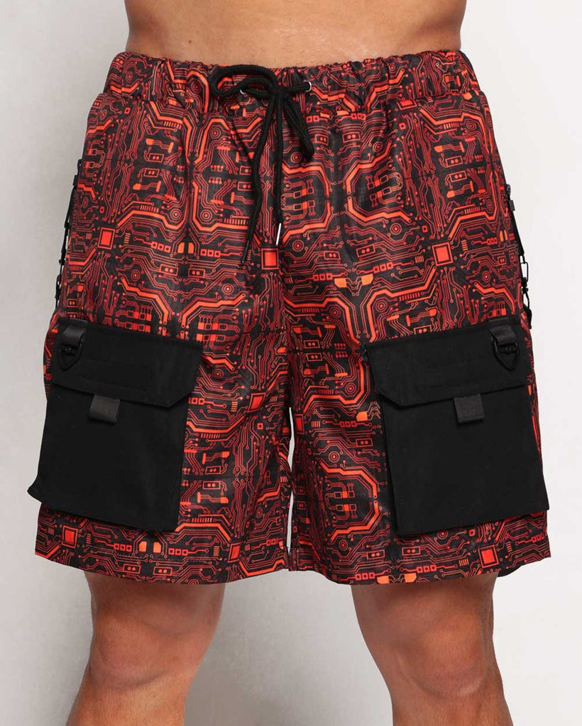 Electro Techno Cargo Shorts-Black/Orange-Regular-Front--Model---L