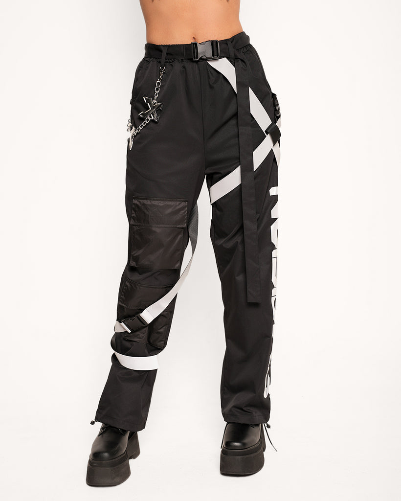 Excision x iHeartRaves Electric Surge Reflective Pants-Black/Grey-Regular-Front--Sarah2---S