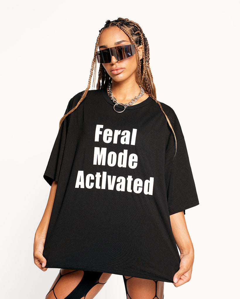 Feral Mode Activated Oversized Tee-Black/White-Regular-Front--Courtney---S