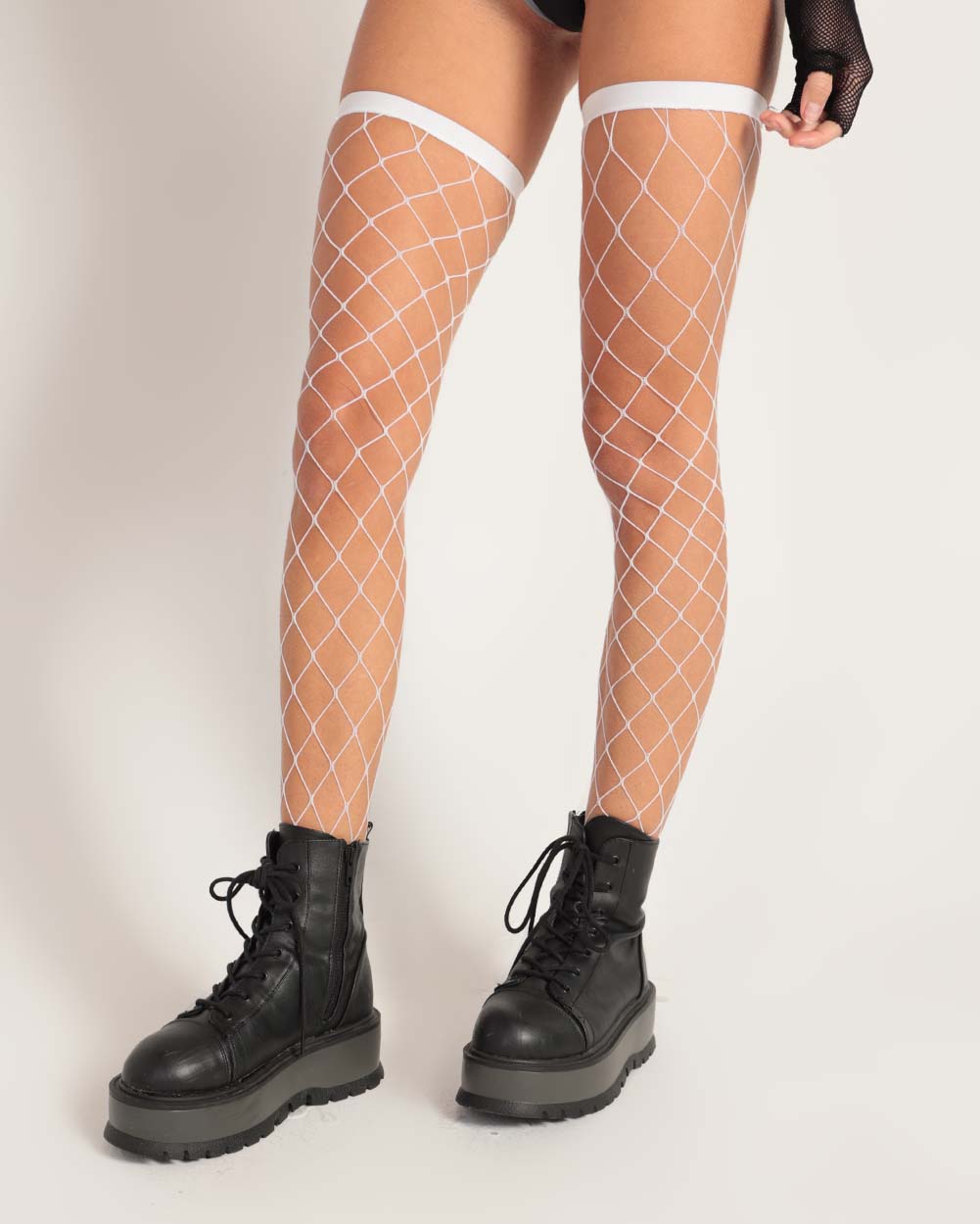 Flirty Fishnet Thigh Highs-White-One Size